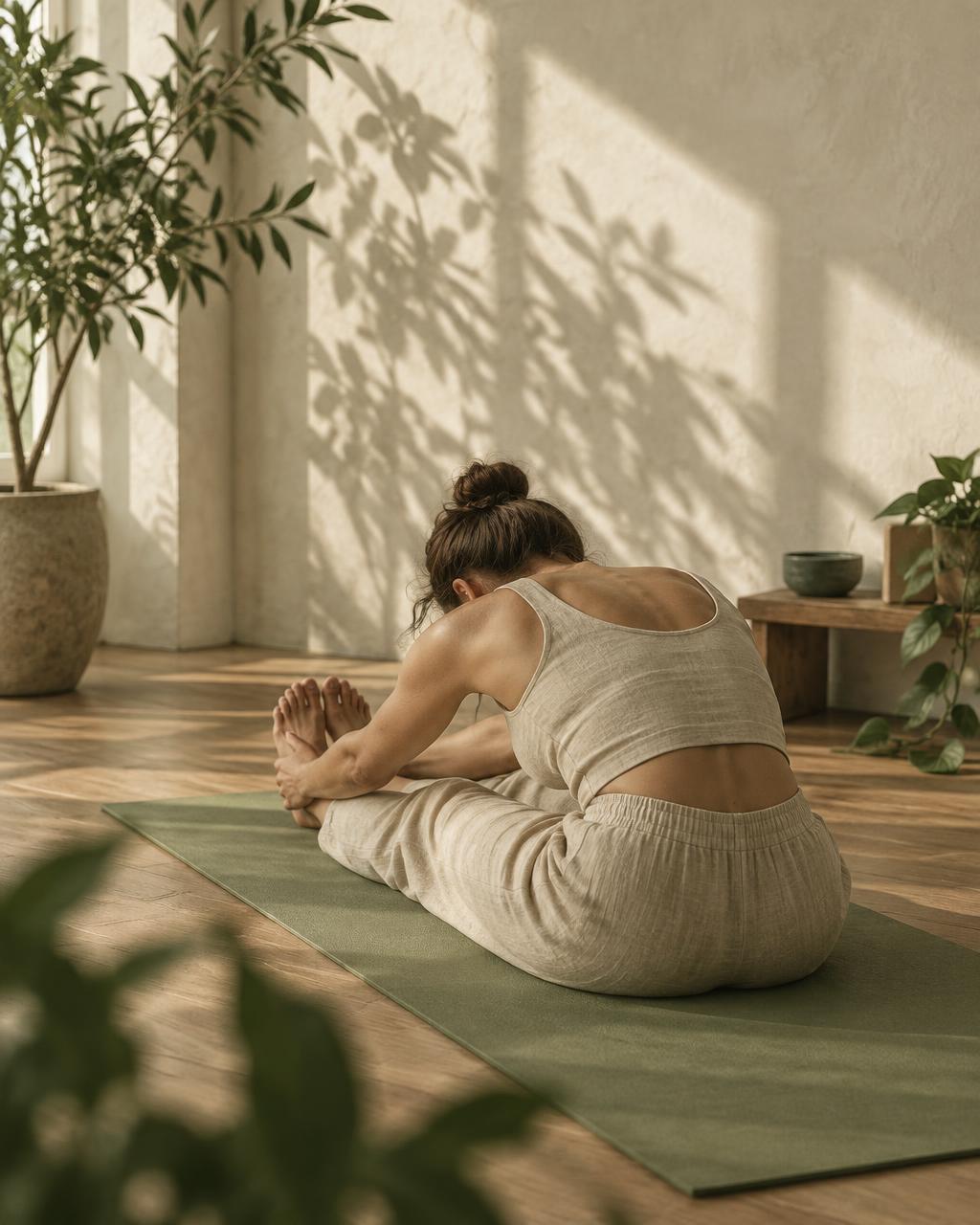Person in a seated yoga stretch on a sage mat in soft morning light with botanical shadows